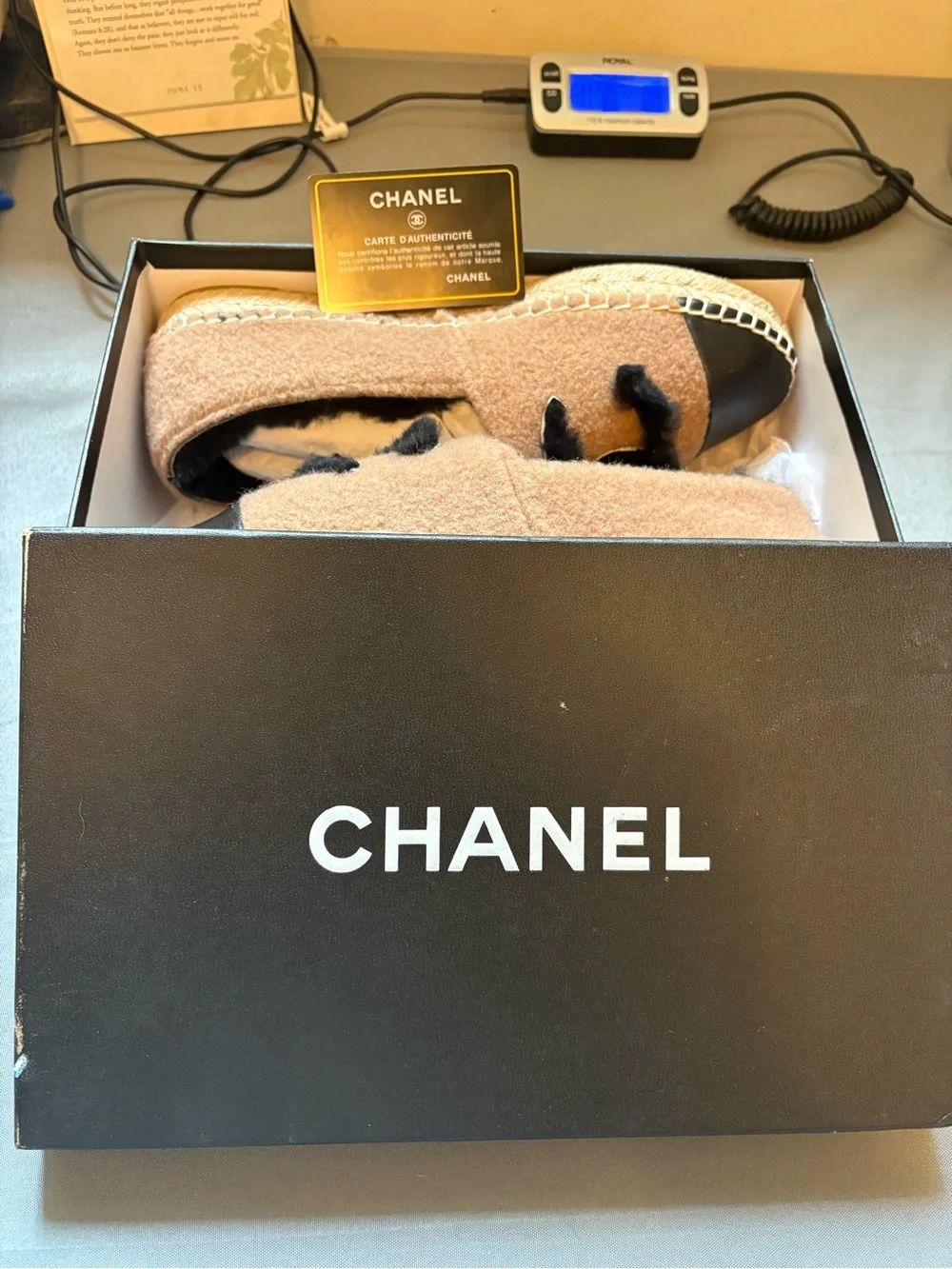 CHANEL NIB Brown Wool Slip-On Espadrille with Black Logo and Leather Toe